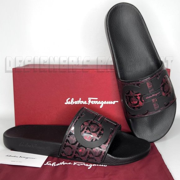 Salvatore Ferragamo Other - SALVATORE FERRAGAMO men 10M GROOVE black GANCINI burgundy LOGO background slides